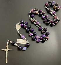 Semi Precious Purple Stripe 10mm Stone 29”Rosary Sterling Silver Center Crucifix picture