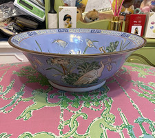 Vintage Blue Crane Floral Large Chinoiserie Chinese Stamped Bowl Macau picture