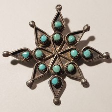 NATIVE AMERICAN INDIAN STERLING TURQUOISE STAR PIN Snowflake BROOCH signed picture