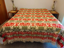 Antique Woven Coverlet, Red, Green, Beige Floral Urn Design, Center Seam picture