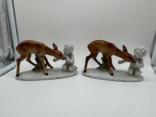 Vintage Likely European Porcelain Pair of Figurines w/ Child Standing by Deer picture