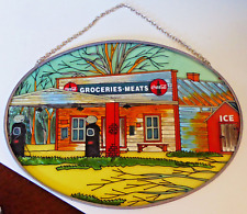 Coca-Cola Stained Glass Suncatcher Old-Fashioned Rural Grocery Store & Gas Pumps picture