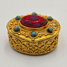 Vintage Florenza Pill Box Red Cabochon Faux Turquoise Gold Tone Trinket 600 picture