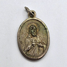Vintage Oval Catholic Medal Pendant Charm w/ Loop Sacred Heart Jesus & Mary picture