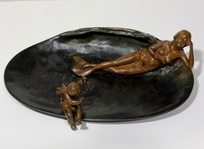 C1910 Art Nouveau Austrian Bronze Vide Poche. Vanity Tray.  Mermaid And Cherub picture