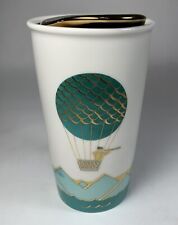 Starbucks 2014 Green Hot Air Balloon Ceramic Travel Tumbler 12oz with Gold Lid picture
