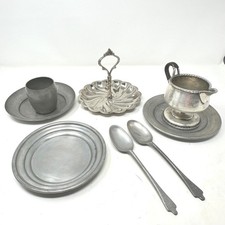 Vintage Pewter Silver Plate Lot 8 Pc Mixed Patina Shabby Cottage Rustic Decor picture