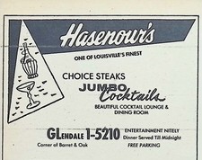 Hasenour's Cocktail Lounge & Dining Room Louisville Kentucky Vtg 1960 Print Ad picture