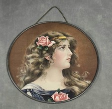 Antique BEAUTIFUL WOMAN Lithograph CHIMNEY FLUE COVER Round PINK ROSES picture