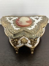 Vintage Cameo Music Box Gold Tone Footed Trinket Jewelry Casket Japan Sankyo picture