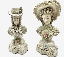 VTG Cordey Victorian Pair Man & Lady Ornate Bust Figurines Roses Lace 7.25