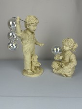 Vintage Boy Girl Bubble Figurines Set Resin Children w/ Iridescent Bubbles picture