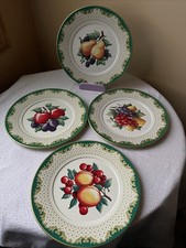 Vintage Metal Tin Decorative Plates Set of 4 Fruit Motif Green Gold Border 10.5