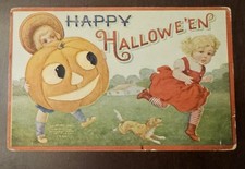 Vintage 1909 Happy Halloween Postcard Pumpkin Jack O Lantern Girl Puppy Dog picture
