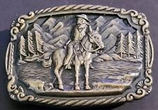 Vintage Western Belt Buckle Cowboy & Horse Mountain Scene NIB Sealed River Trees picture