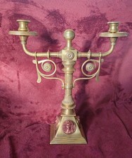 Antique Old European Brass Candlestick Candle Holder 2 Light Candelabra medusa picture