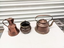 ANTIQUE 19TH CENTURY HAND RUSTIC COPPER COOKWARE. TEAPOT, MILK $ SUGAR BOWLS. picture