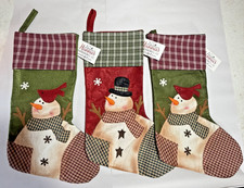 Set 3 Hanna's Handiworks Snowman Stocking Felt VTG Look Redbird Plaid New/Tags picture