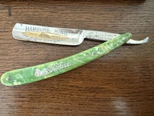 ANTIQUE BARBER SHOP SHAVING TOOL STRAIGHT RAZOR RING DOVE GREEN CELLULOID w BOX picture