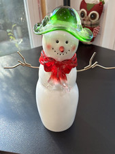 Glass Snowman Figurine 10 in 3D Effect Glossy Green Hat Red Scarf Metal Arms picture