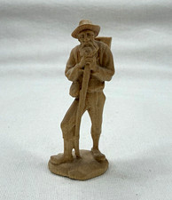 Vintage Hand Carved Wooden Hiker Figurine Traveler Backpack Staff Folk Art 3” picture