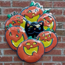 RARE Vtg 70's/80's Plastic Vacuform 3D Halloween Pumpkins & Black Cat Wall Decor picture