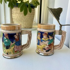 Vintage 70’s Ceramic Beer Steins Set of Two Lid Japan✅ picture