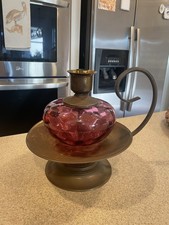 Antique 1885‑1910 Cranberry Glass Brass Victorian Candle Lamp picture