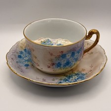 Antique T&V Limoges Mustache Cup Saucer Forget Me Not Floral Hand Painted Gold picture