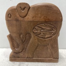 Vintage Wooden Cigarette Box Holder Dispenser Hand Carved Elephant India Boho picture