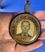 VTG PILOT RADIO CORP. LEATHER BACKED EMPLOYEE ID PHOTO BADGE PINBACK 1930's picture