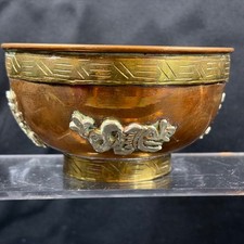 Antique Mixed Metal Copper Brass Silver Overlay Footed Bowl Folk Art Etched Trim picture