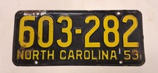 Vintage 1953 North Carolina License Plate Tag #603-282 Original Collectable picture