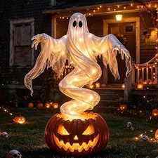 LED Swirling Ghost Pumpkin Yard Lamp | Lighted Halloween Garden Decor, Outdoor picture