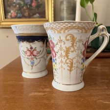 Vintage Royal Scotland Pedestal Mug Lot x2 Pink Roses Gold Gilded Tea Cups 4.75” picture