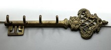Skeleton Key Shaped Solid Brass Wall Mount Key Holder 4 Hooks Vintage Patina picture