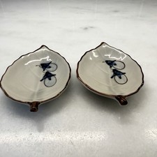 Vintage Leaf Shaped Porcelain Trinket Dishes Hand Painted Blue Floral Set of 2 picture