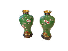 Vintage Cloisonne Cherry Blossom Vase Set 1949 Tsingtao US Military Inscribed picture