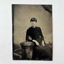 Antique Tintype Photograph Beautiful Modest Young Woman Short Hair picture