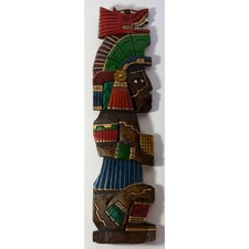 Vintage Hand Carved Painted Wood Aztec Warrior Wall Art | Mayan Snake Headdress picture