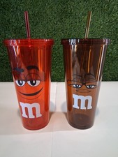 M&M's World Character Face Tumbler Cups With Straws Lot 2 Pc Red & Brown picture