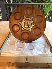 BEAUTIFUL VINTAGE TEAK WOOD & BRASS PASSOVER SEDER PESSACH PLATE ISRAEL NEW BOX picture