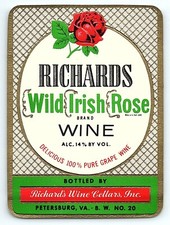 VINTAGE RICHARDS WILD IRISH ROSE BRAND WINE PETERSBURG VA UNUSED LABEL Z6999 picture