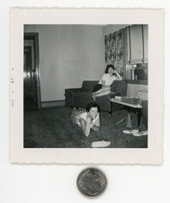 Vintage 1957 photo / Barefoot Girlfriends on Carpet & Couch Watching Television picture