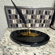 VTG Style Black Base Desk Pen Set Gold Tone Holder Oval Base Plastic/Metal picture