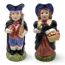 Fitz and Floyd 1993 Thanksgiving Pilgrim Boy & Girl Toby Jug Pitcher Set NOS picture