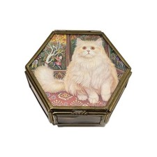 Vtg Via Vermont LTD Handcrafted Cat  Octagon Trinket Box Glass Brass picture