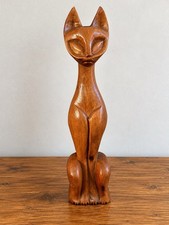 Vintage Hand Carved Wooden Cat Figurine Siamese Style Mid Century Modern Decor picture