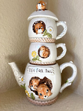 Enesco Squirrel Tea For Two Set Stackable Tea Pot and Two Mugs Vintage 1977 picture