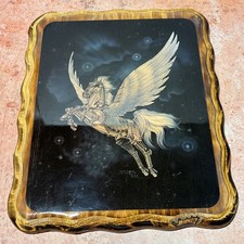 Vintage 1986 Sue Dawe Pegasus Glossy Lacquer Burned Wood Wall Decor. picture